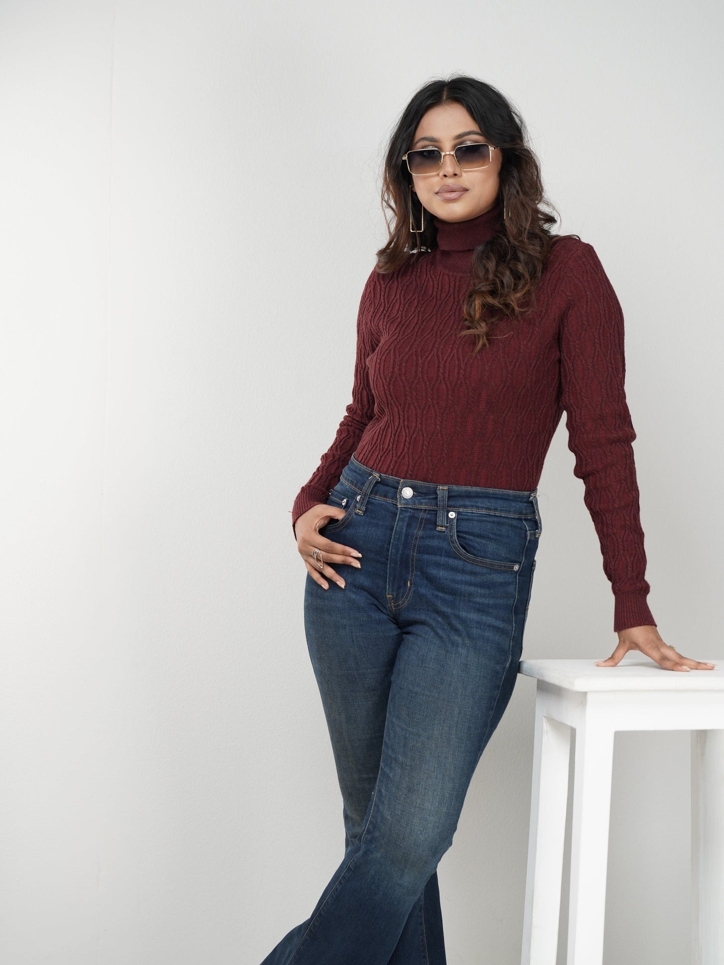 Maroon Textured High Neck Sweater