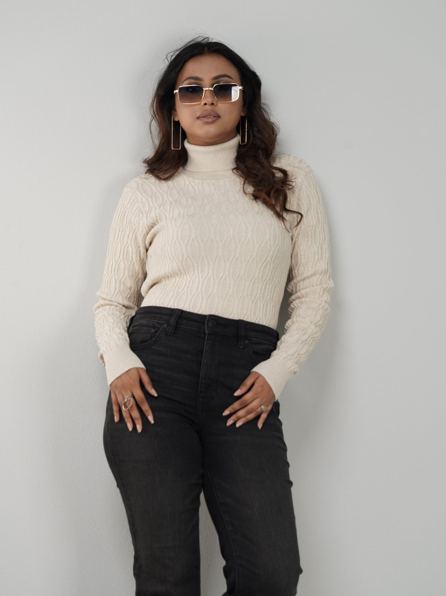 Beige Textured High Neck Sweater