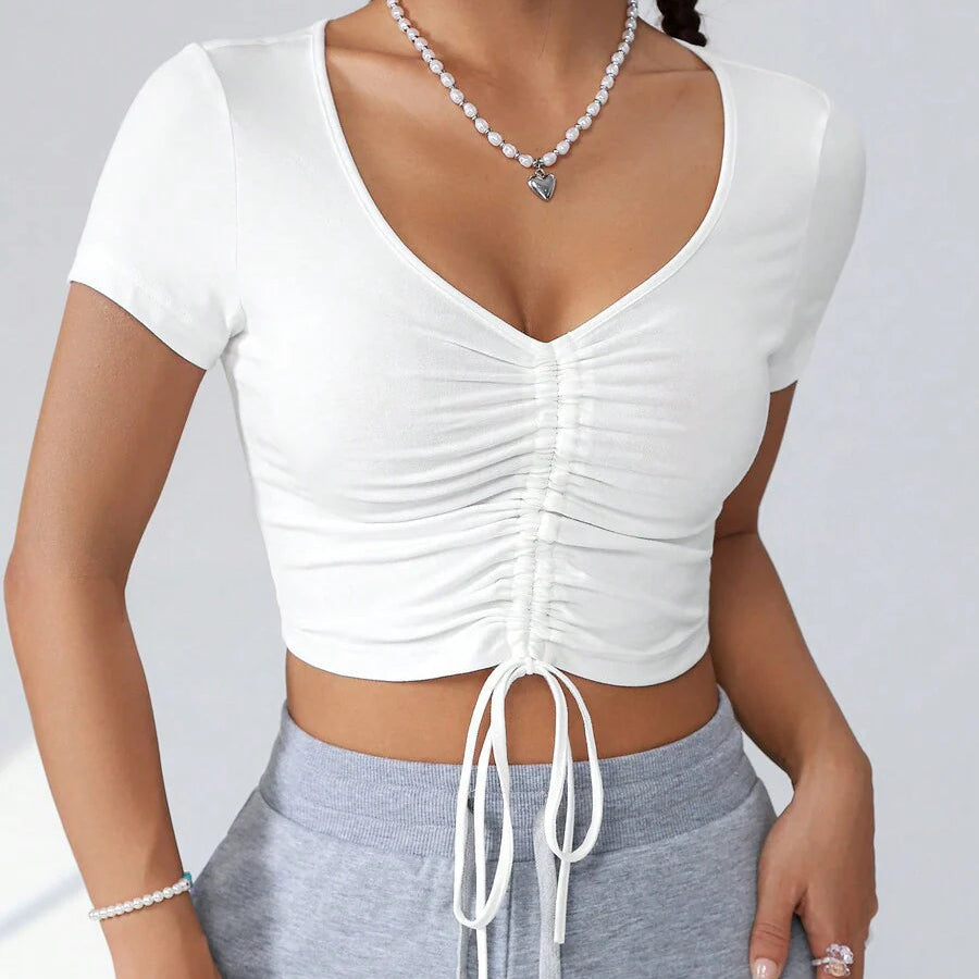 White Drawstring Short-sleeve Top