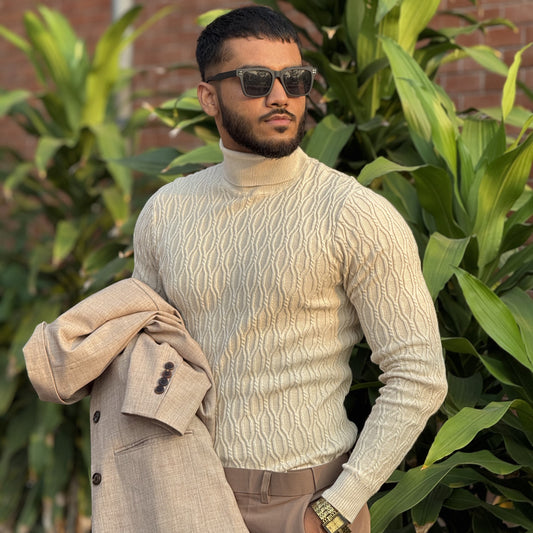 Beige Textured High Neck Sweater