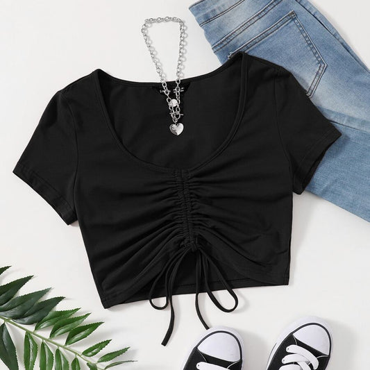 Black Drawstring Short-sleeve Top