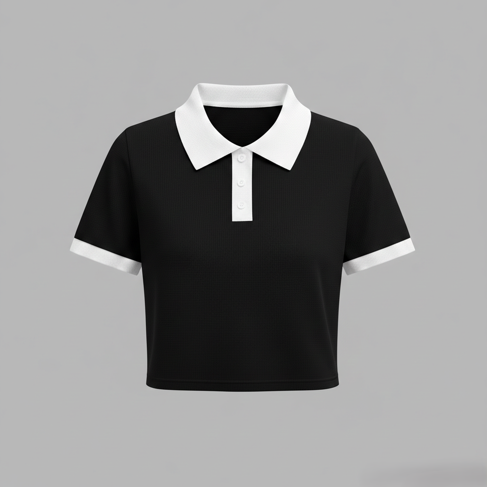 Black Contrast Ribbed Crop Top Polo (CRC-3)