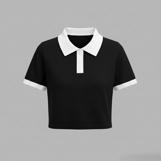 Black Contrast Ribbed Crop Top Polo (CRC-3)