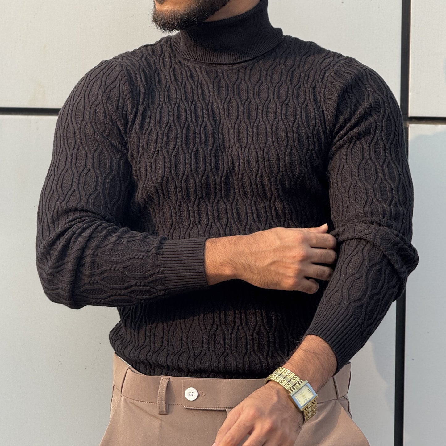 Black Textured High Neck Sweater
