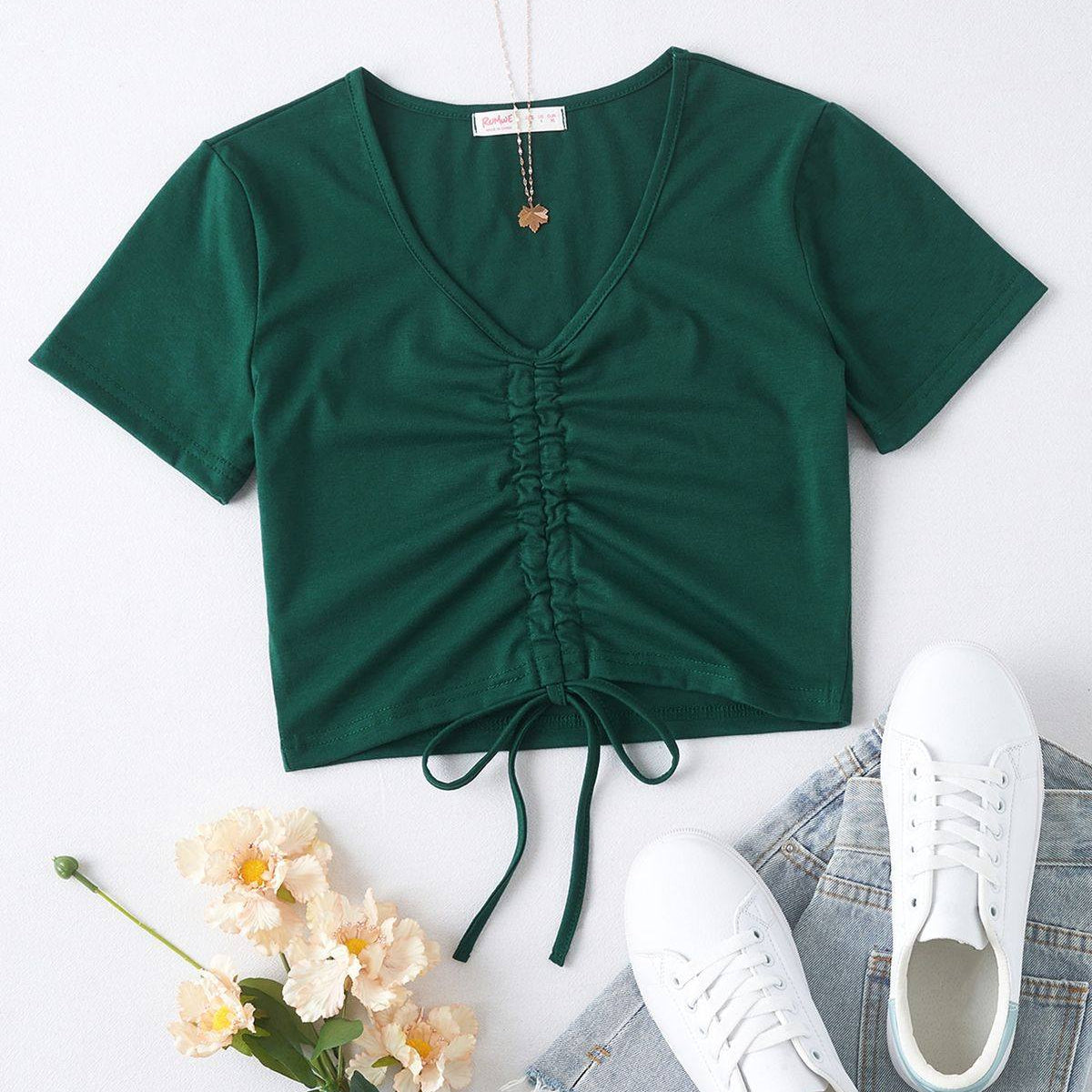 Bottle-green Drawstring Short-sleeve Top