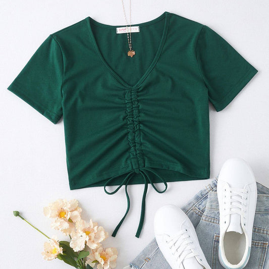 Bottle-green Drawstring Short-sleeve Top