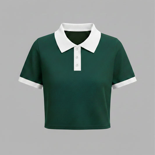 Bottle-green Contrast Ribbed Crop Top Polo (CRC-5)