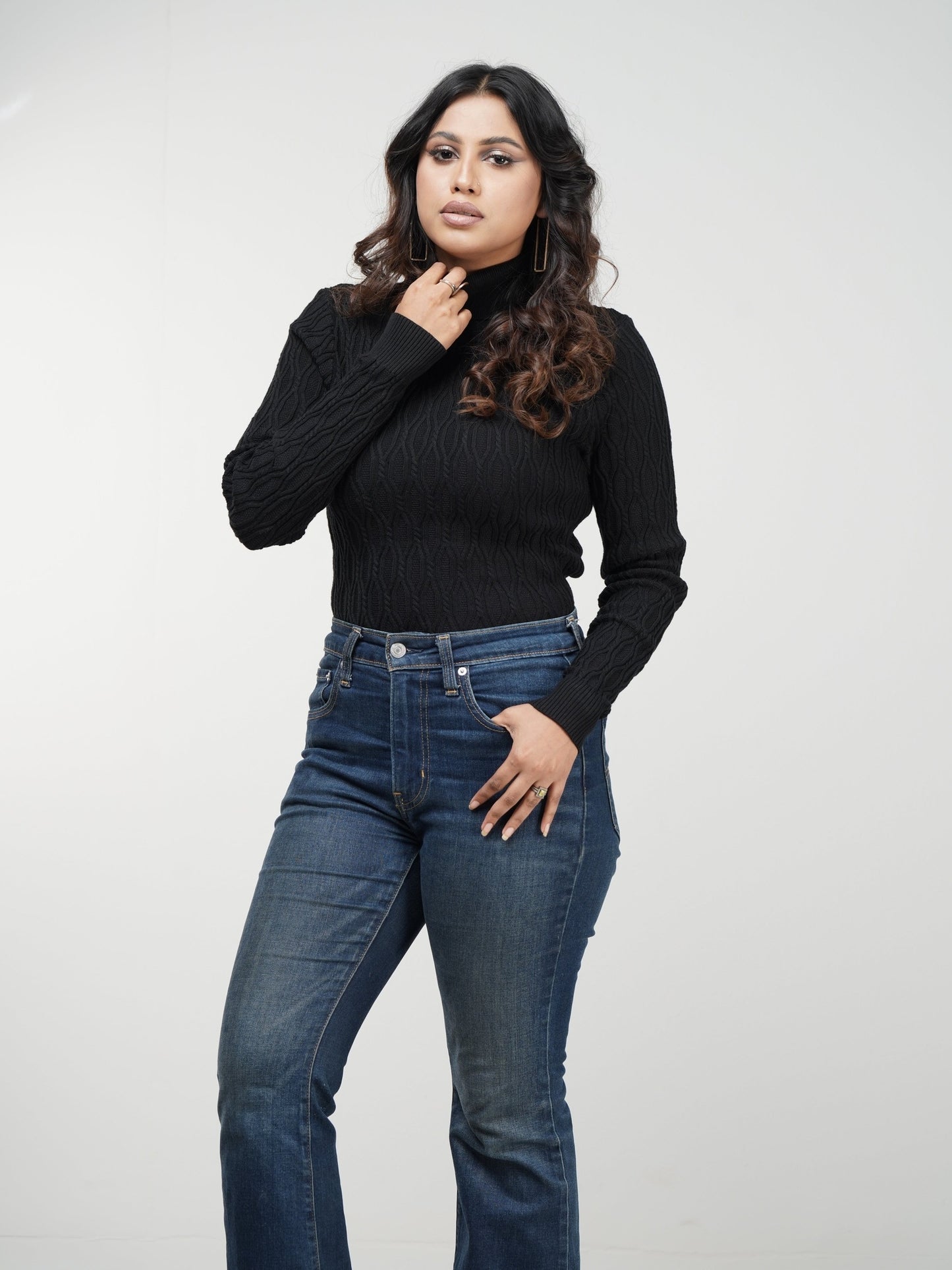 Black Textured High Neck Sweater