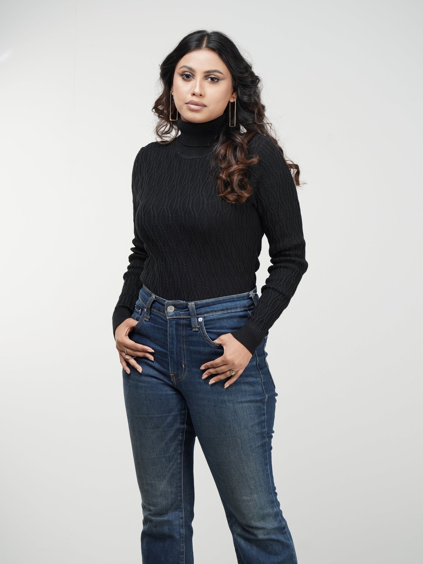 Black Textured High Neck Sweater