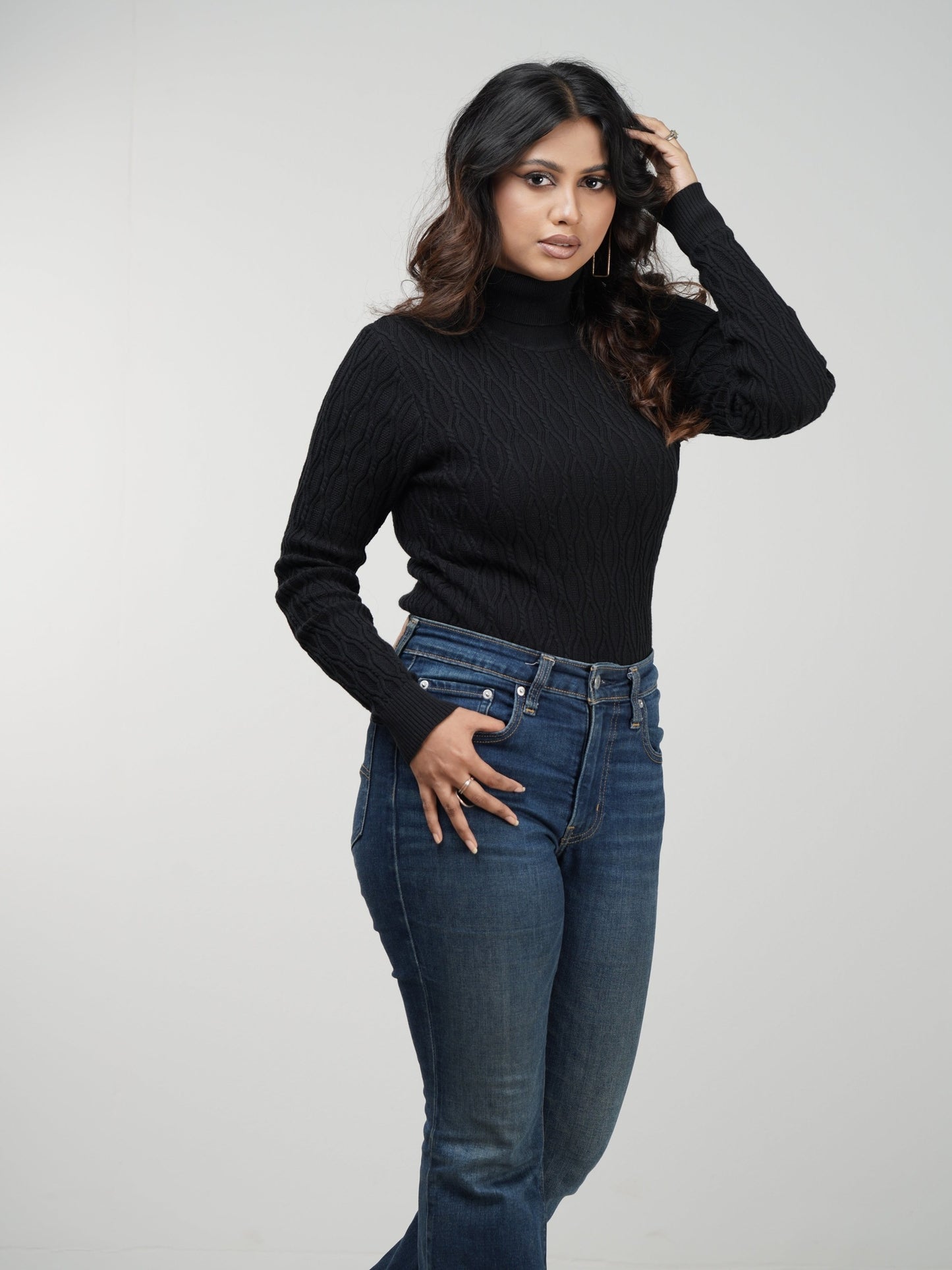 Black Textured High Neck Sweater