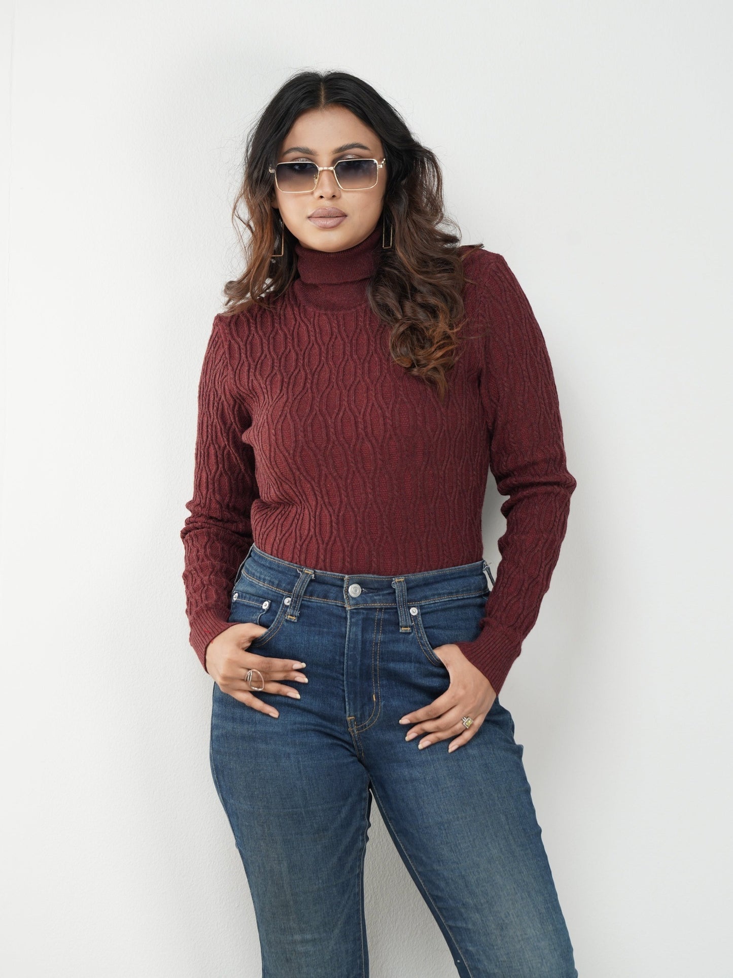 Maroon Textured High Neck Sweater