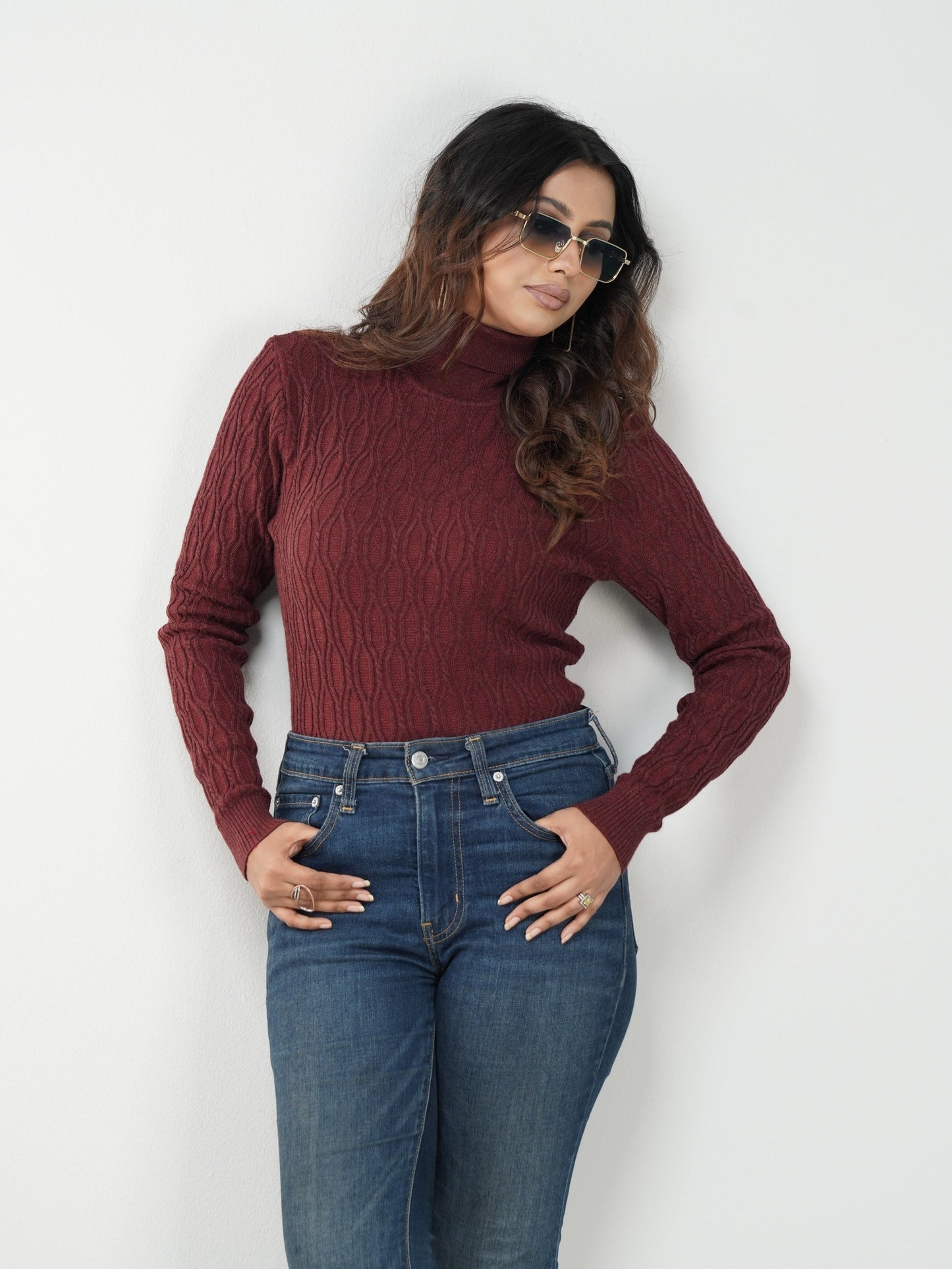 Maroon Textured High Neck Sweater