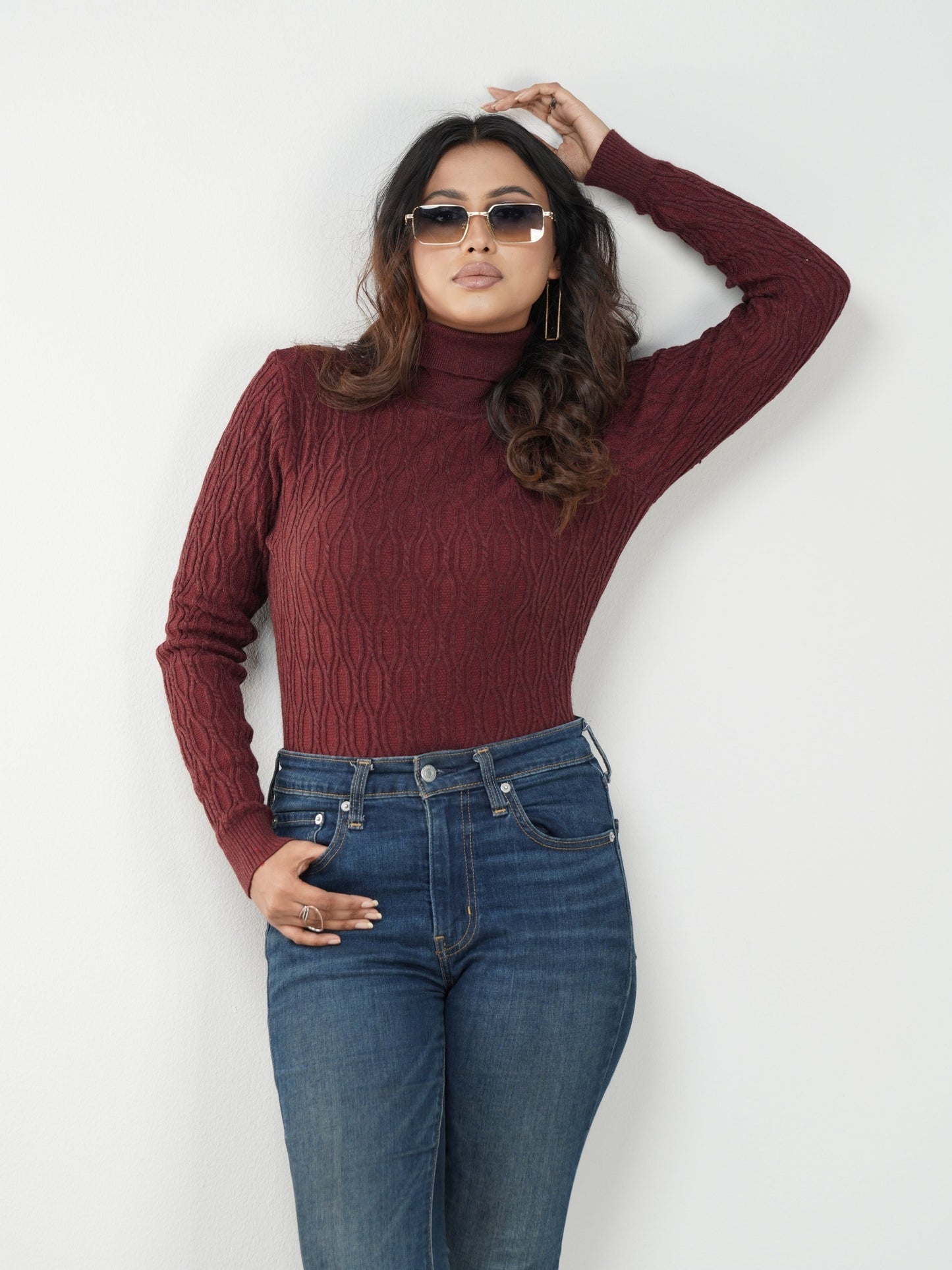 Maroon Textured High Neck Sweater