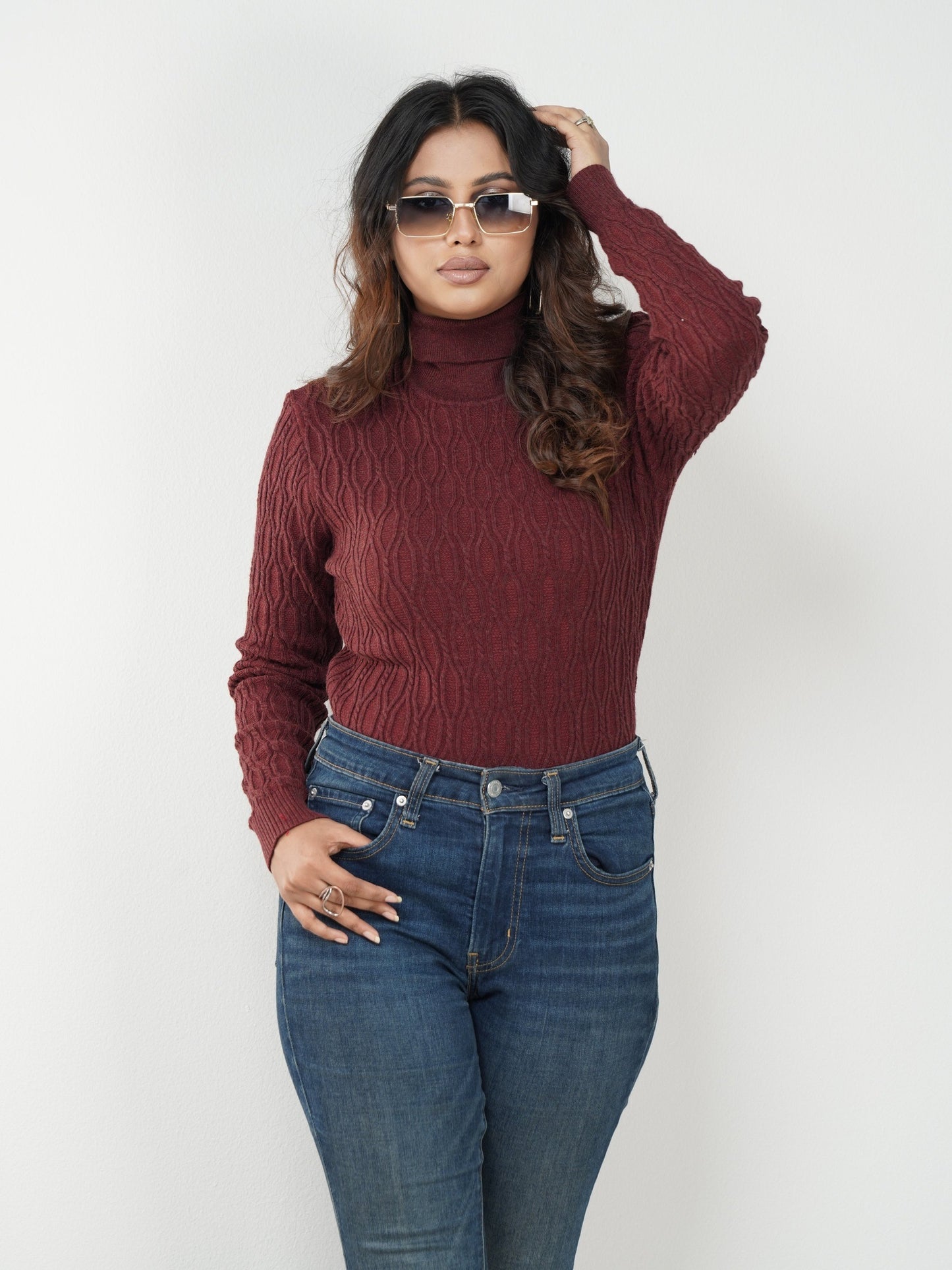 Maroon Textured High Neck Sweater