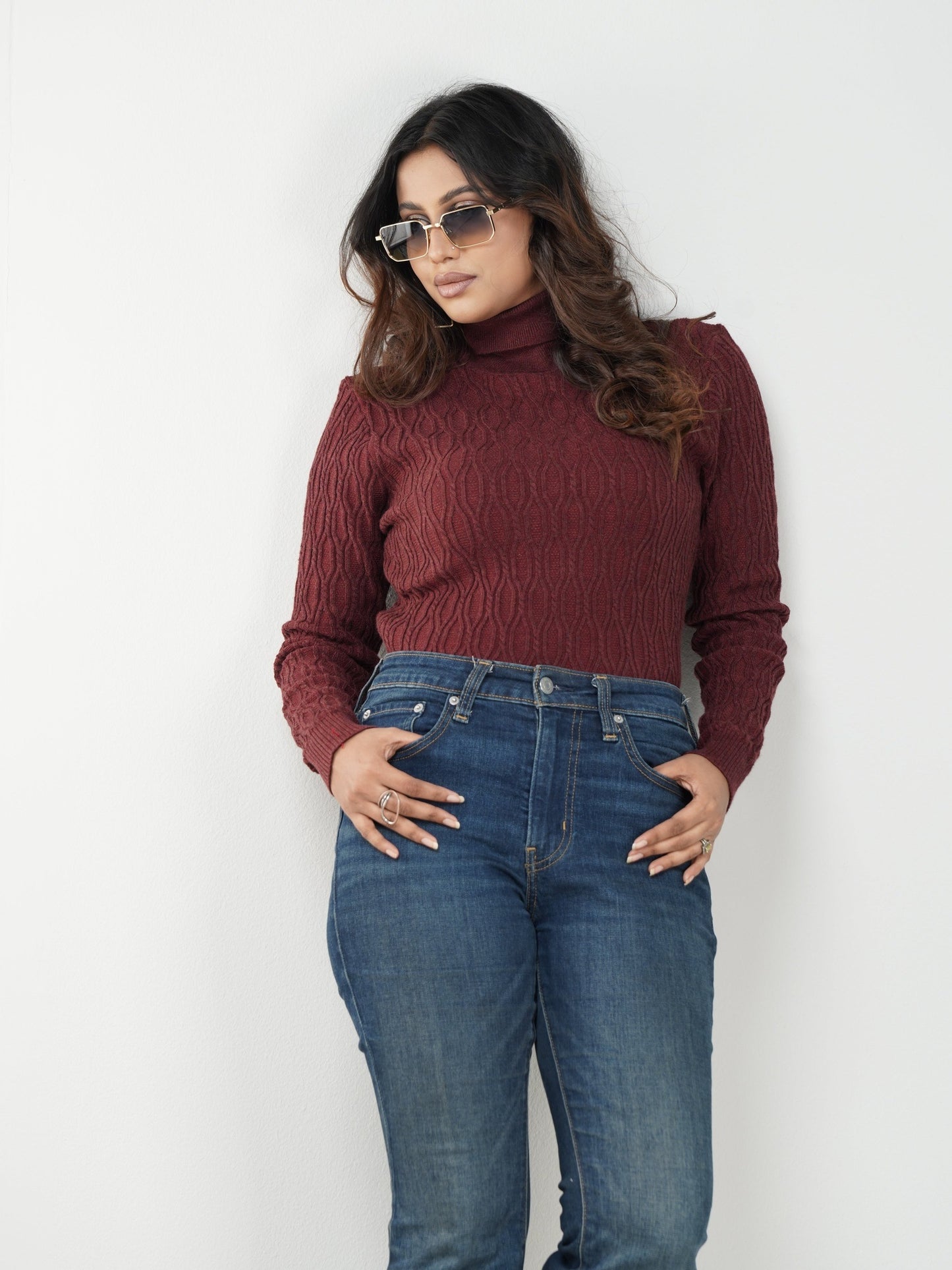 Maroon Textured High Neck Sweater