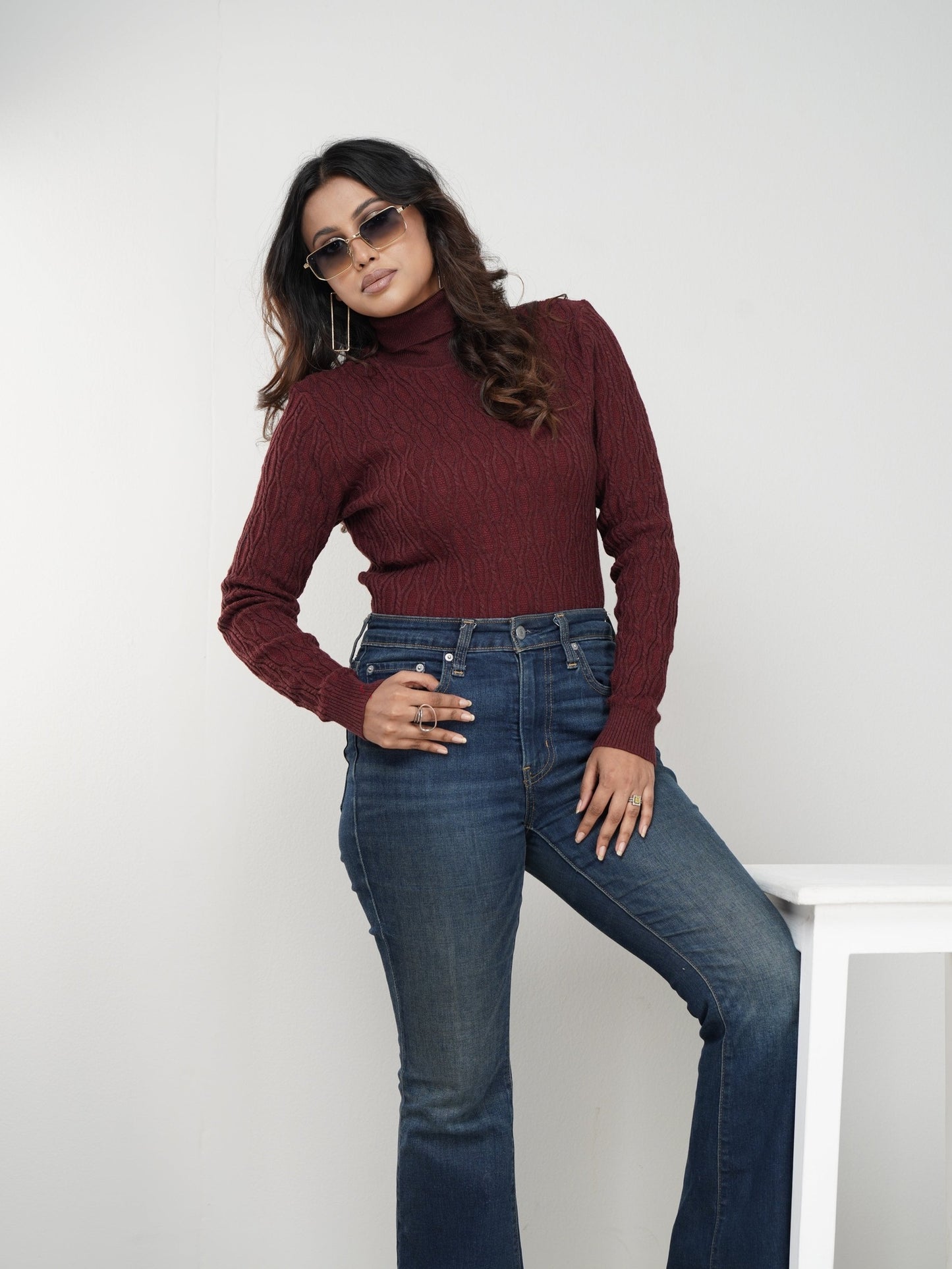 Maroon Textured High Neck Sweater