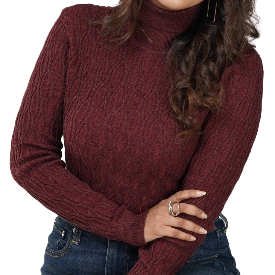 Maroon Textured High Neck Sweater
