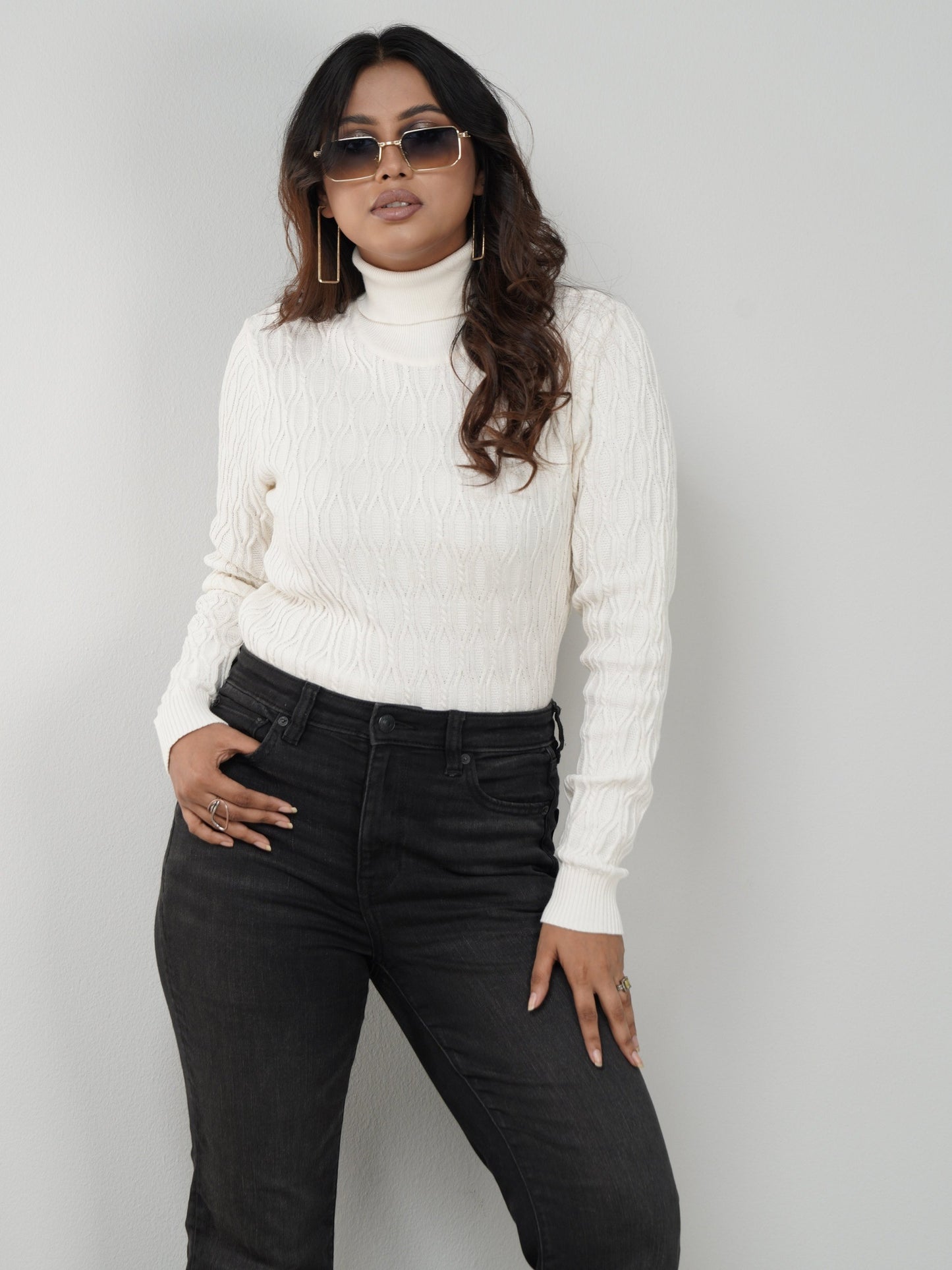 White Textured High Neck Sweater