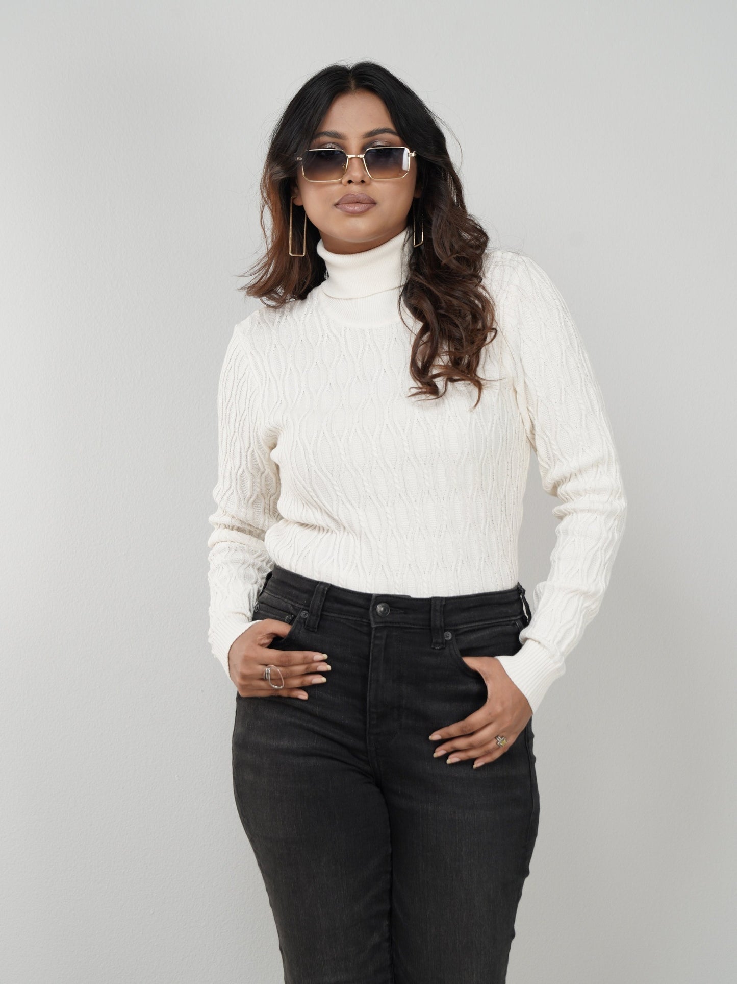 White Textured High Neck Sweater