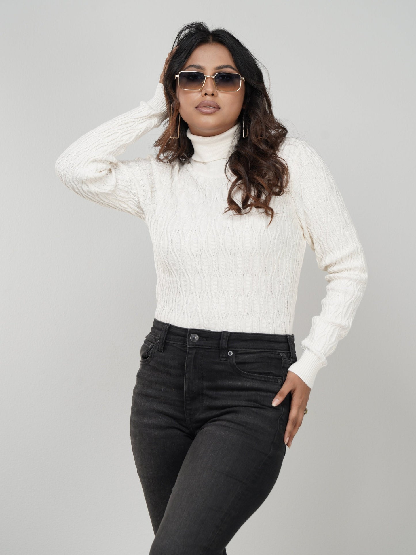 White Textured High Neck Sweater