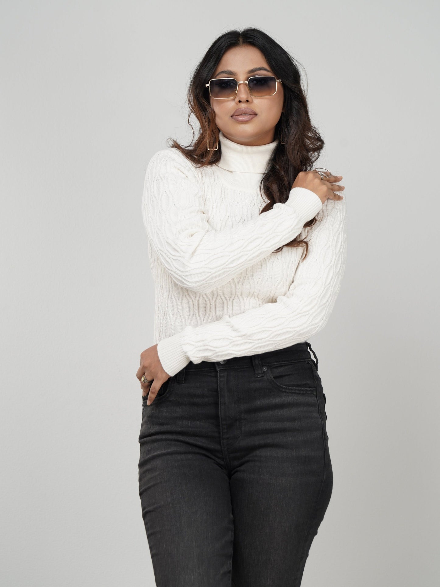 White Textured High Neck Sweater