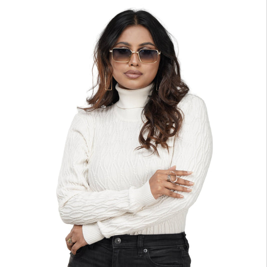 White Textured High Neck Sweater