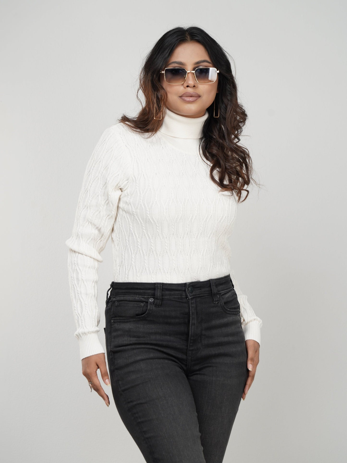 White Textured High Neck Sweater