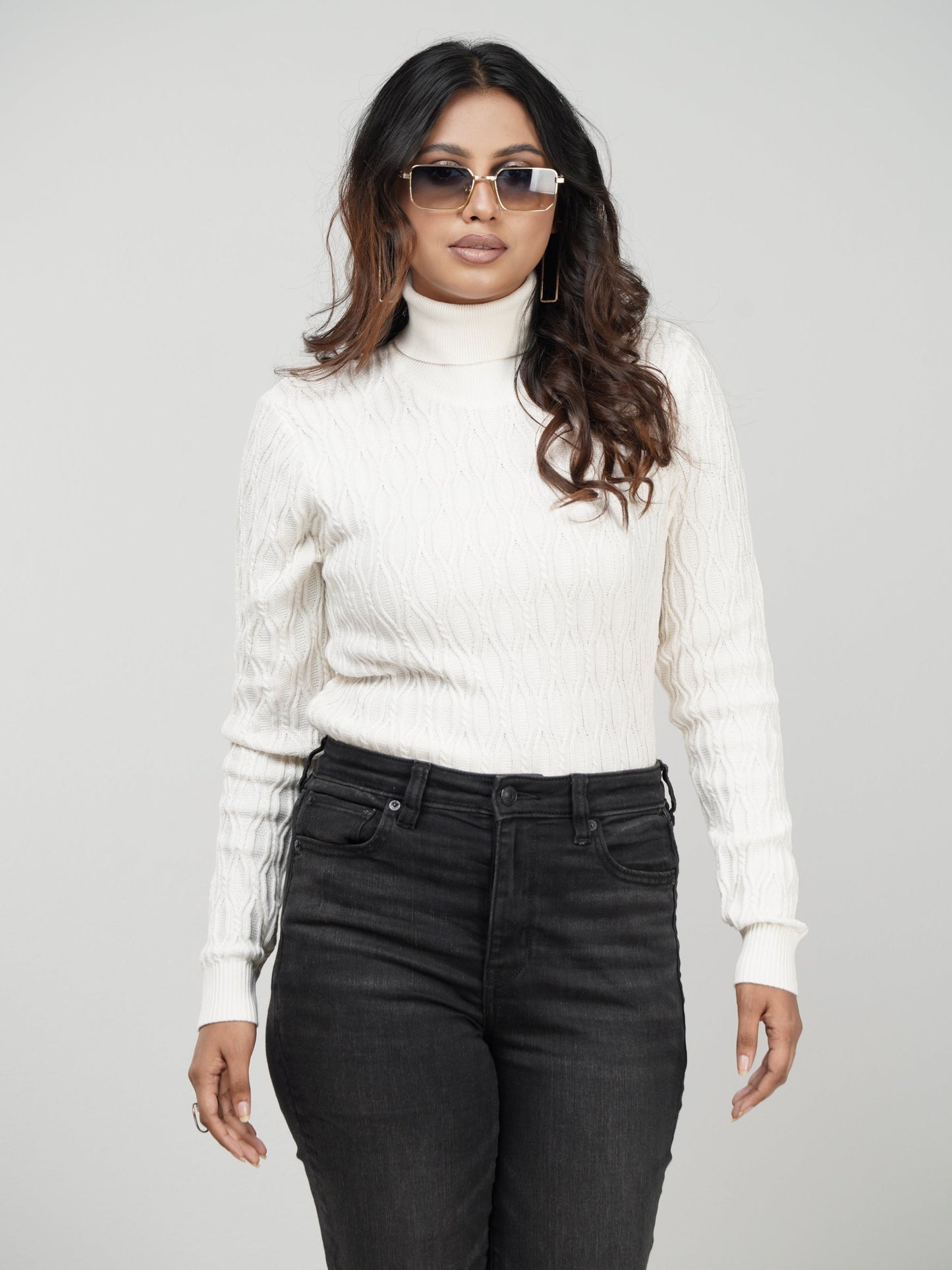 White Textured High Neck Sweater