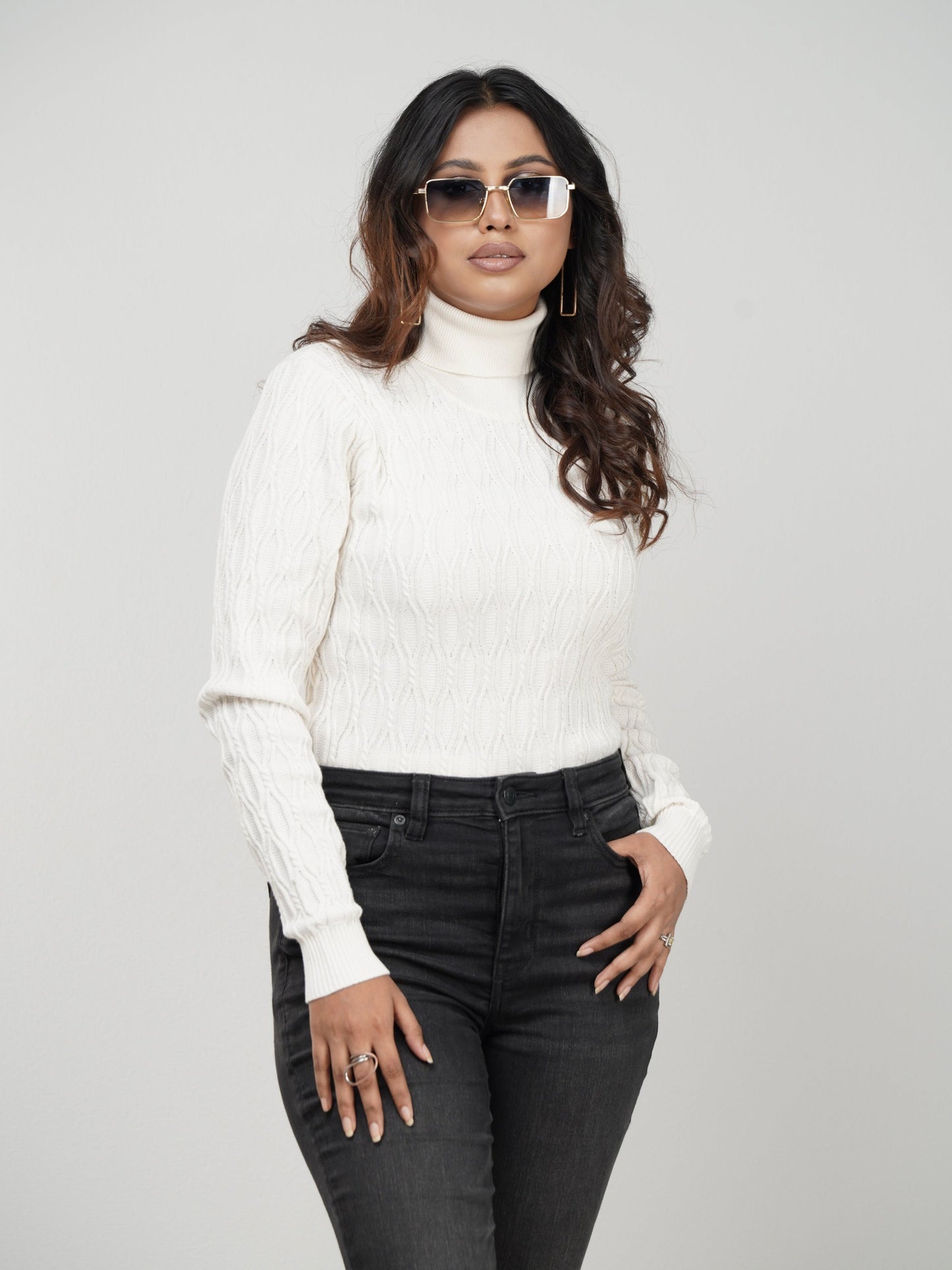 White Textured High Neck Sweater