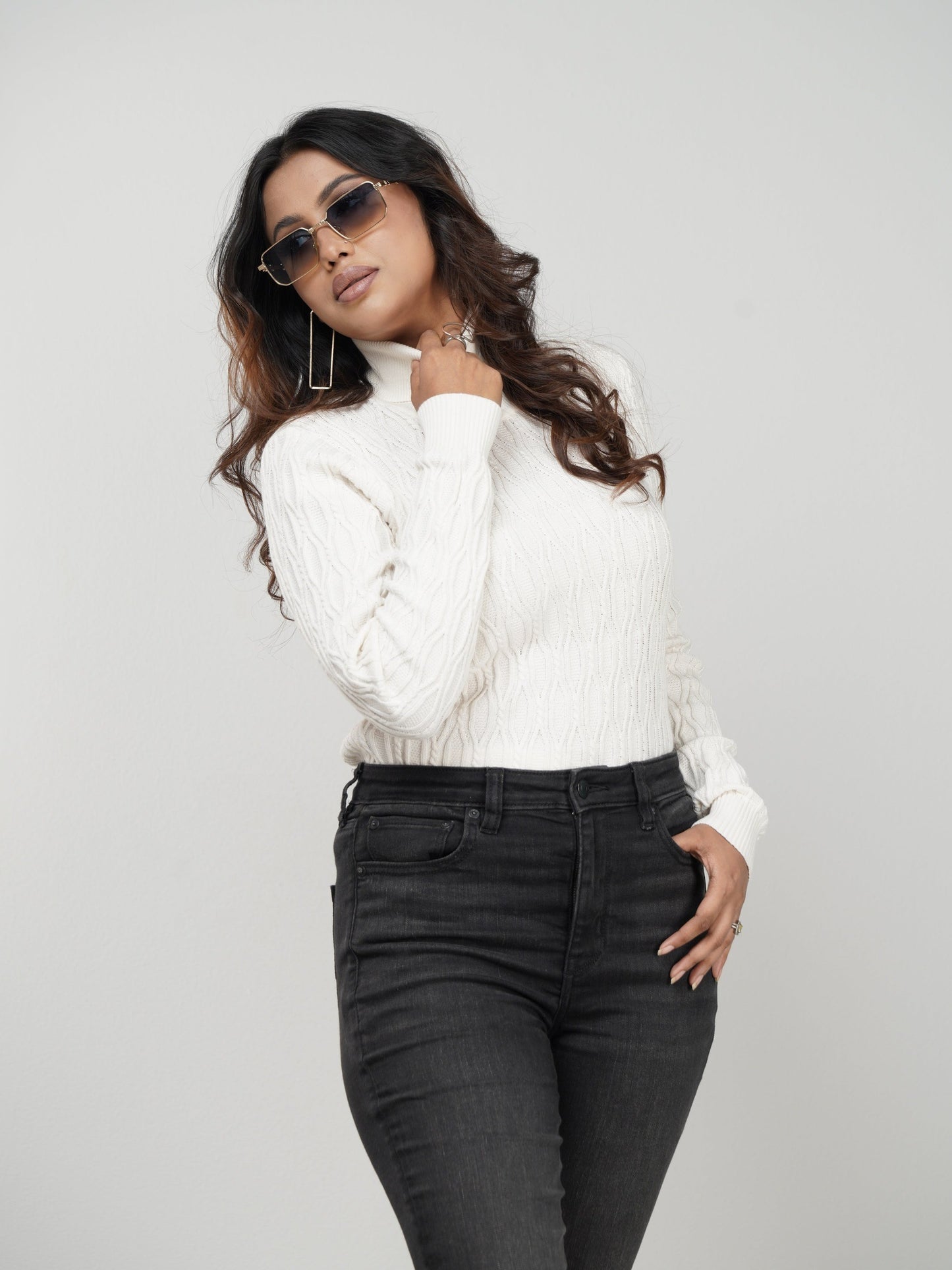 White Textured High Neck Sweater