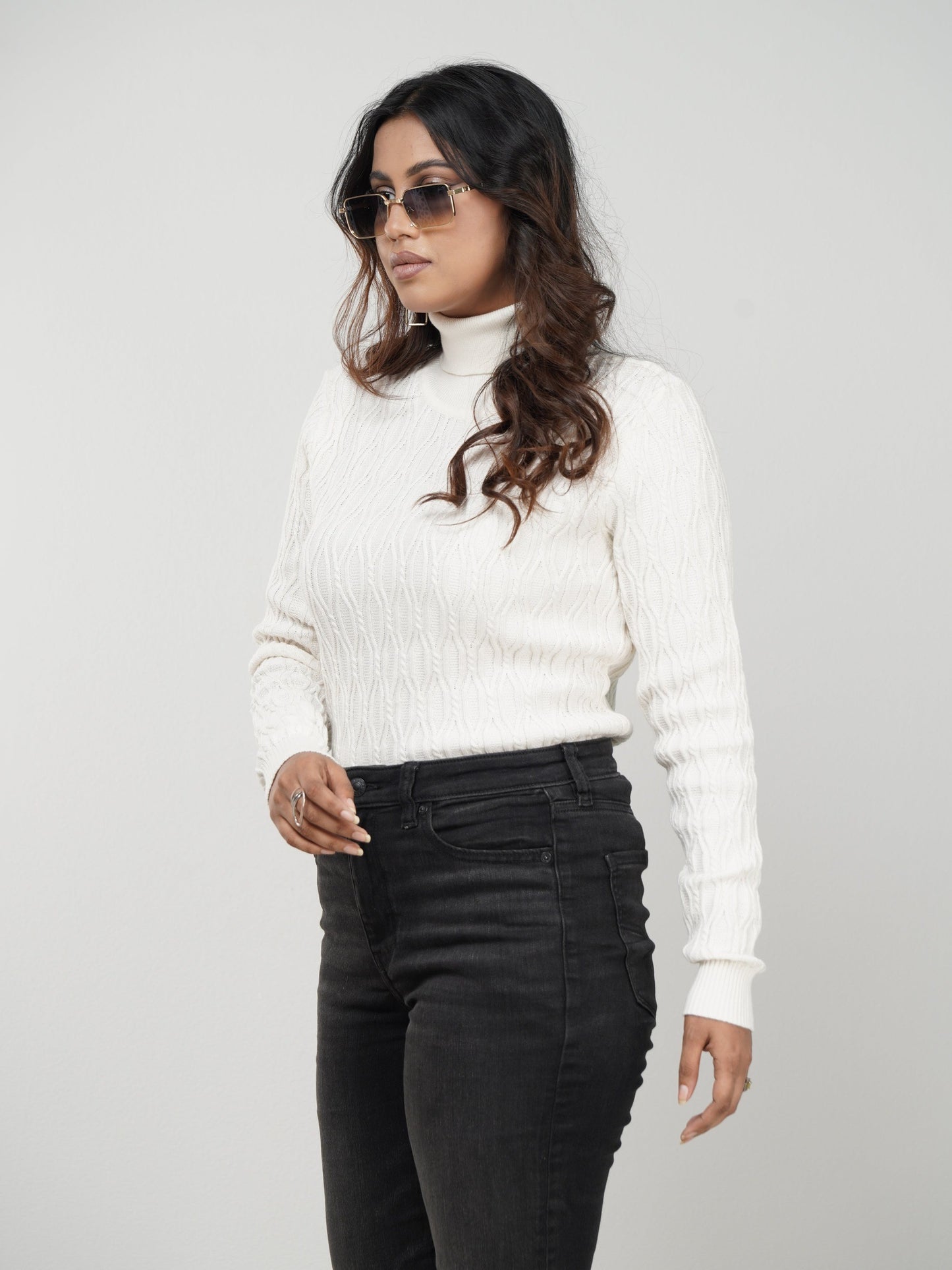 White Textured High Neck Sweater