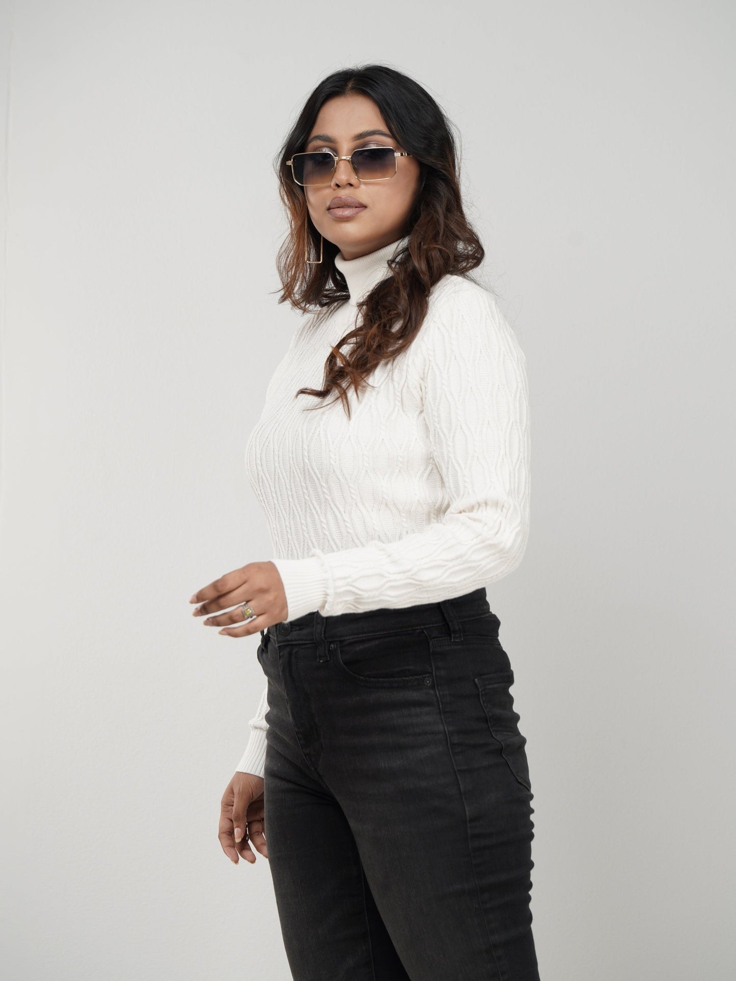 White Textured High Neck Sweater