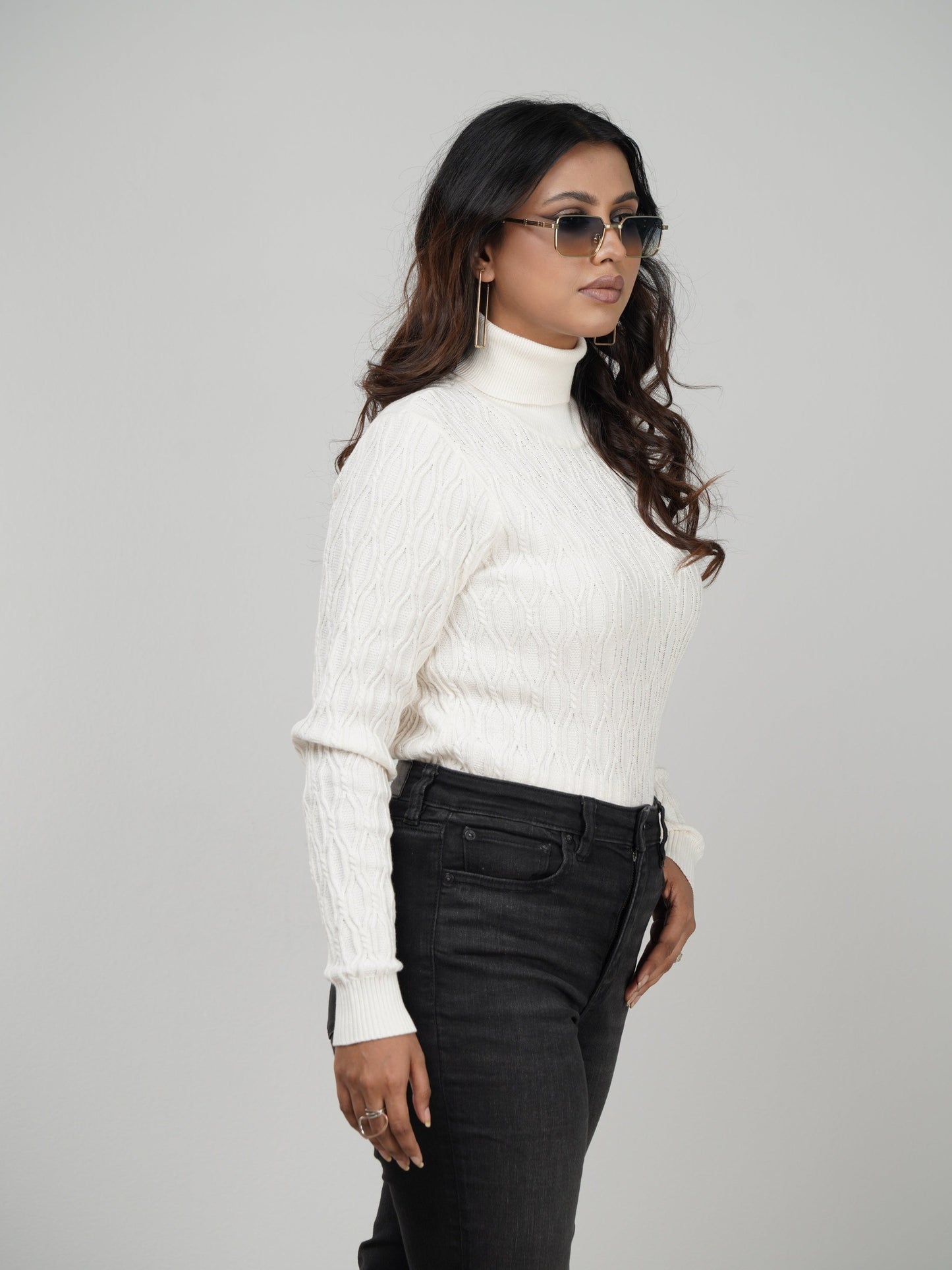 White Textured High Neck Sweater
