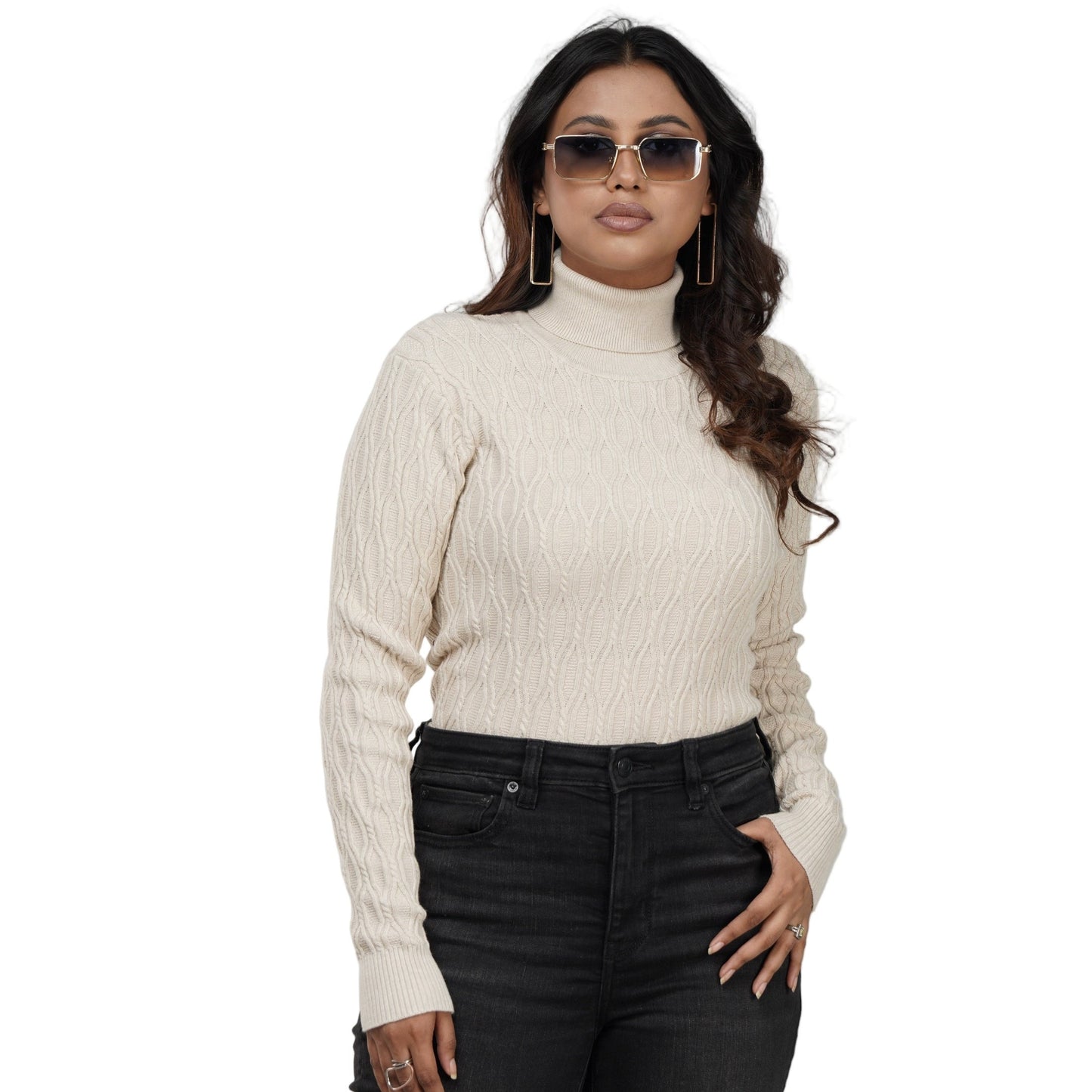 Beige Textured High Neck Sweater