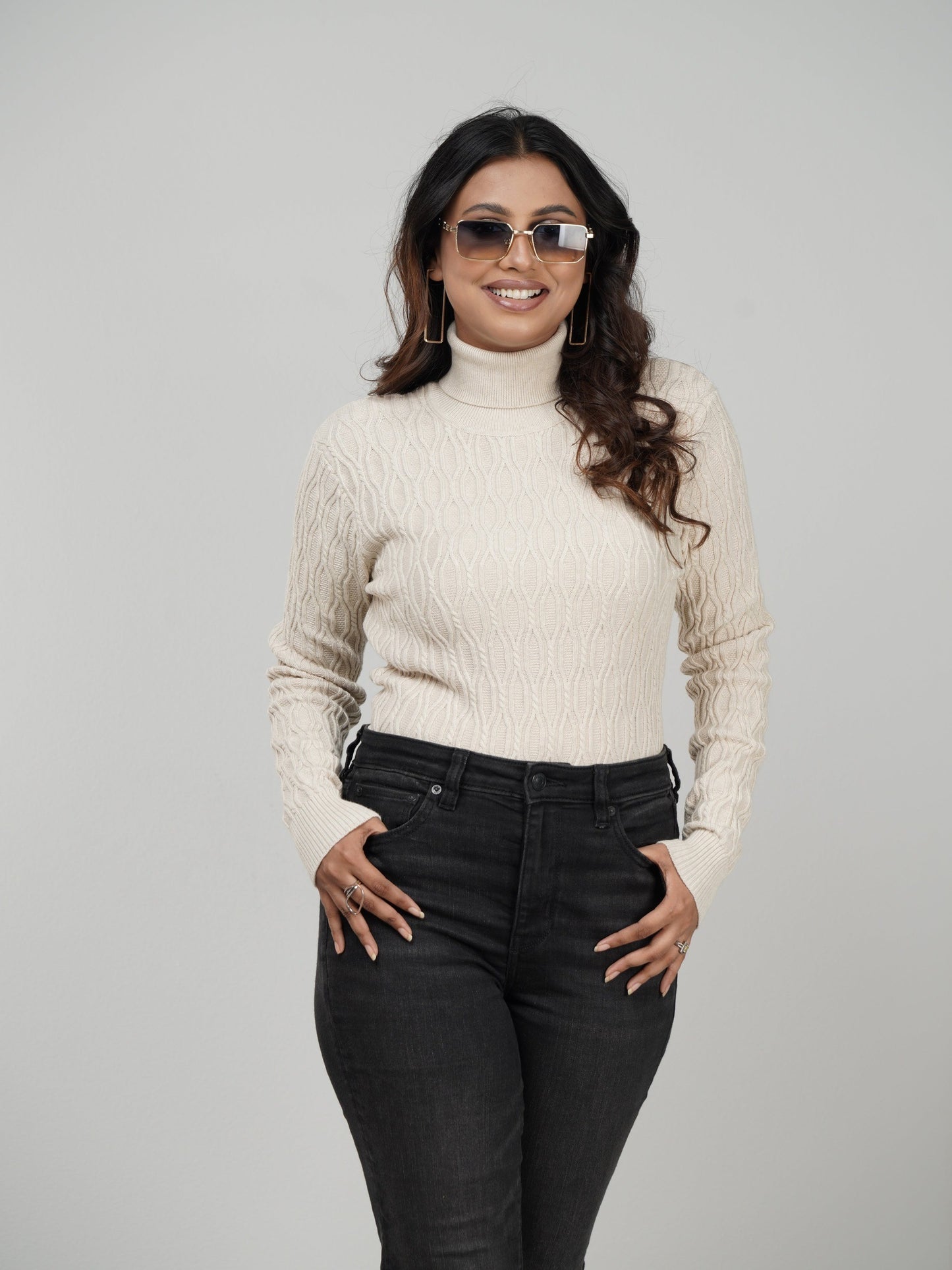 Beige Textured High Neck Sweater