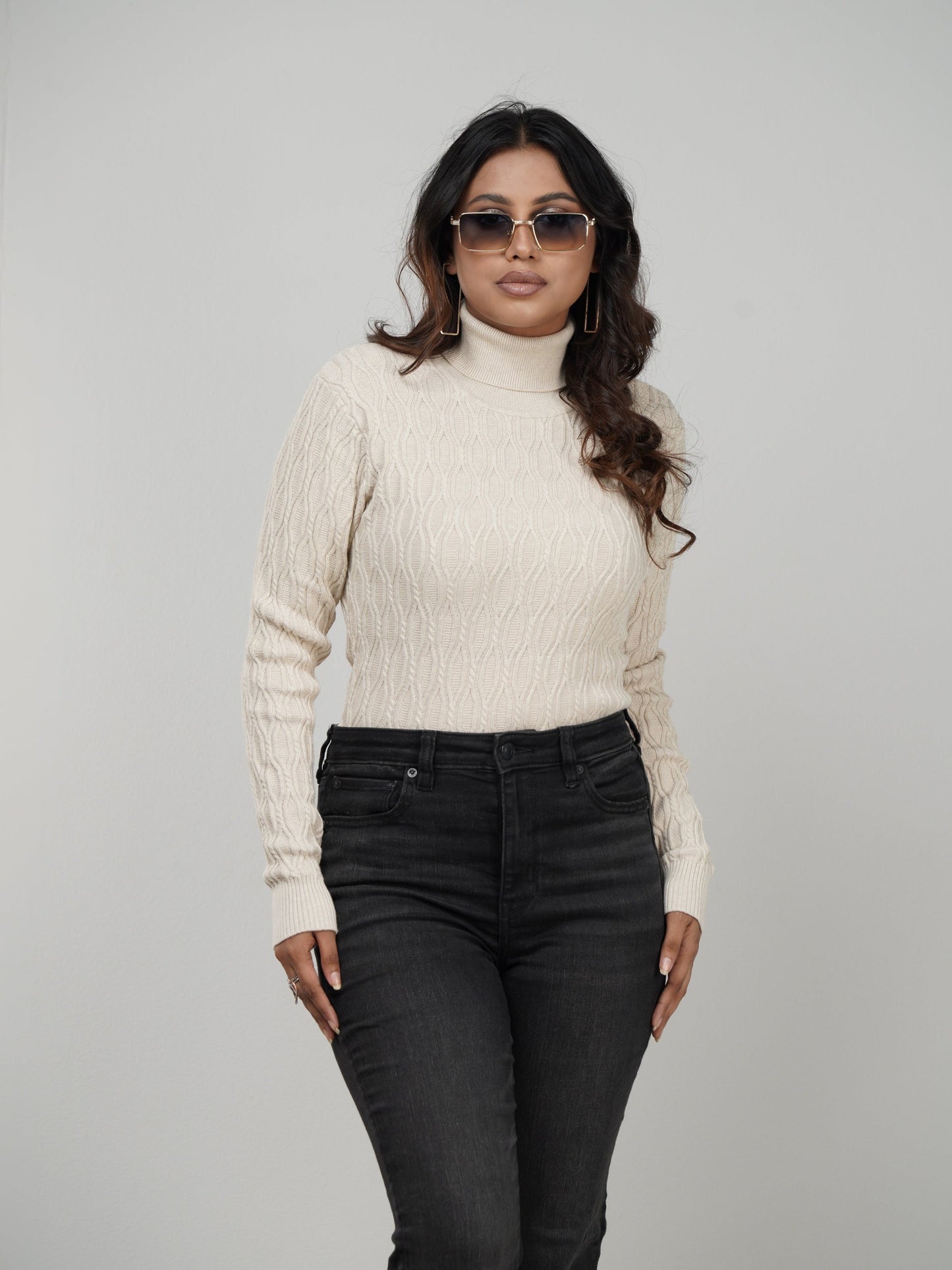 Beige Textured High Neck Sweater