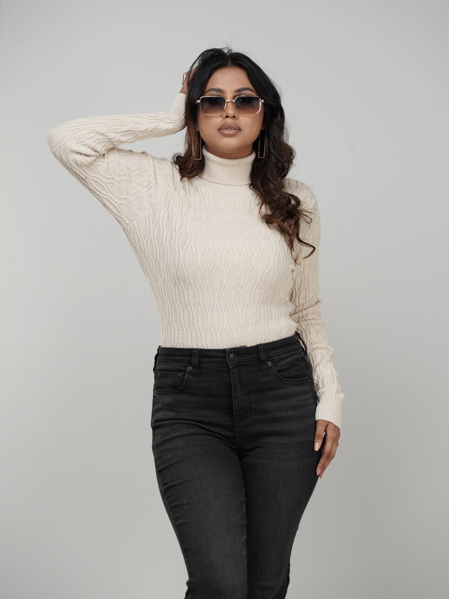 Beige Textured High Neck Sweater