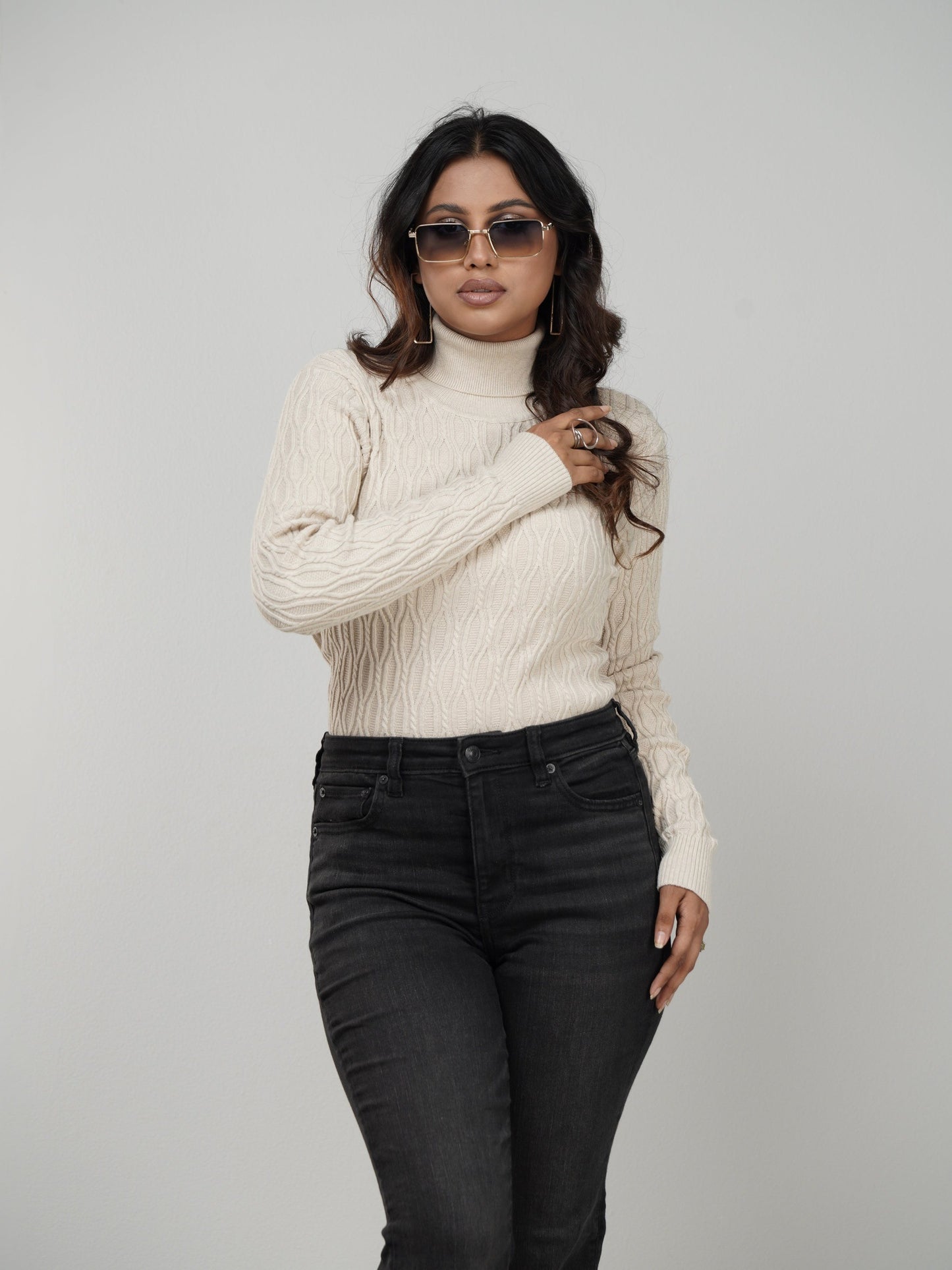 Beige Textured High Neck Sweater