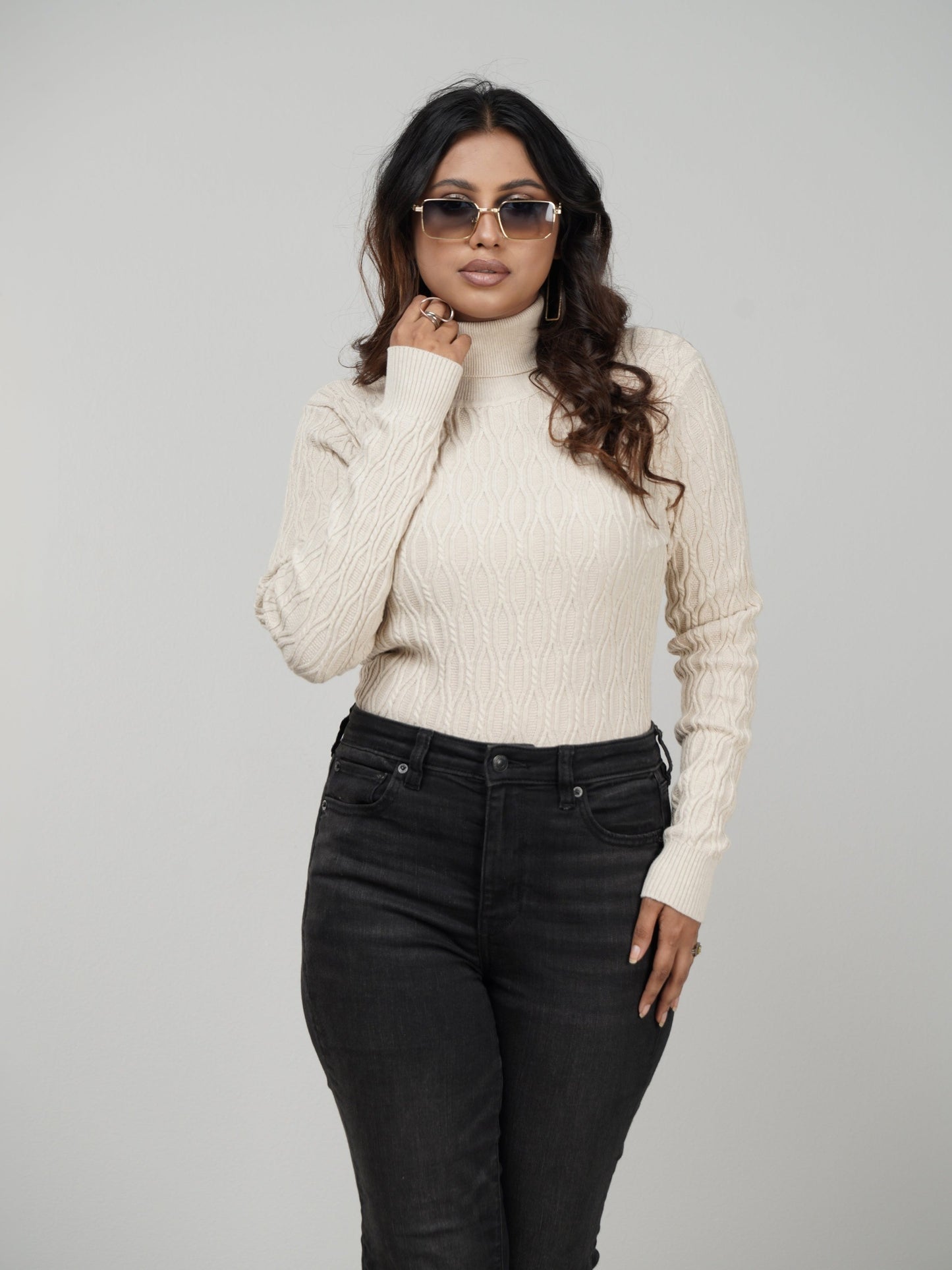 Beige Textured High Neck Sweater