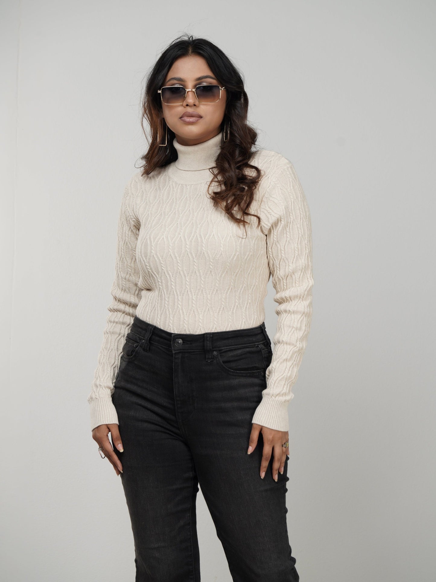 Beige Textured High Neck Sweater