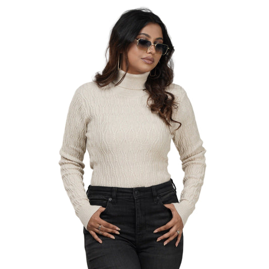 Beige Textured High Neck Sweater