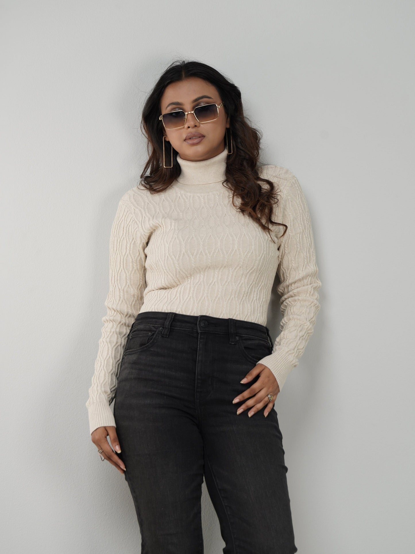 Beige Textured High Neck Sweater
