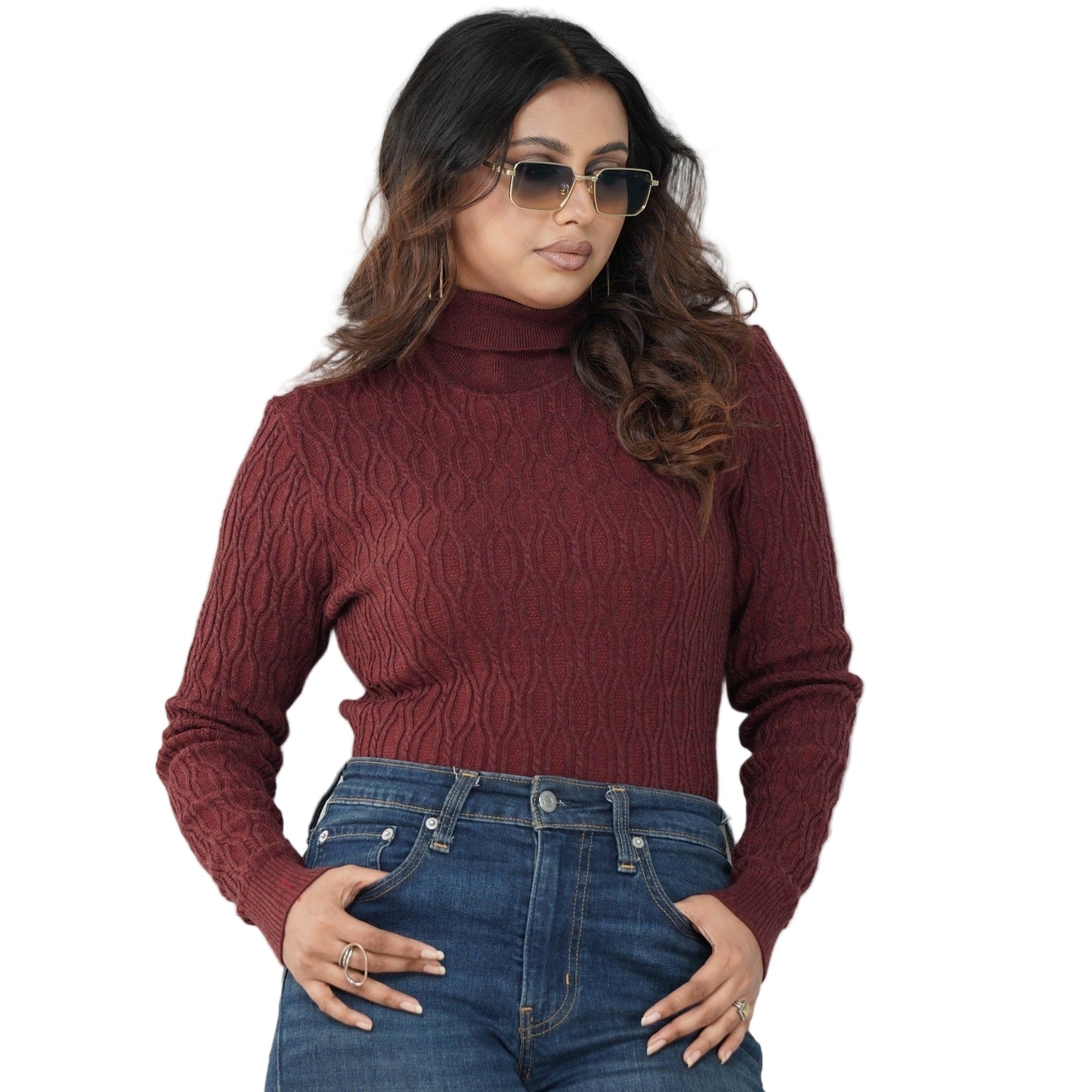Maroon Textured High Neck Sweater