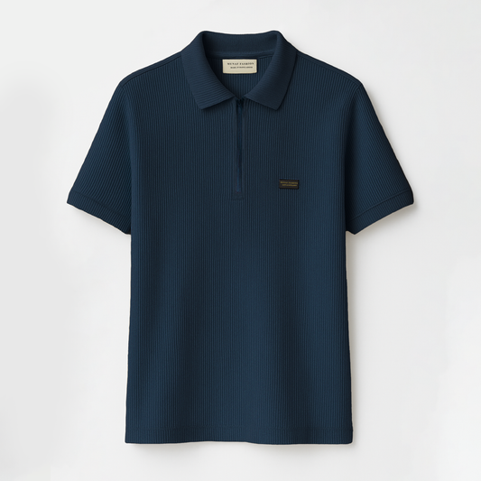 Navy Blue Solid Zipper Polo