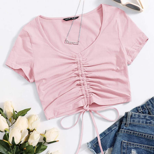 Pink Drawstring Short-sleeve Top