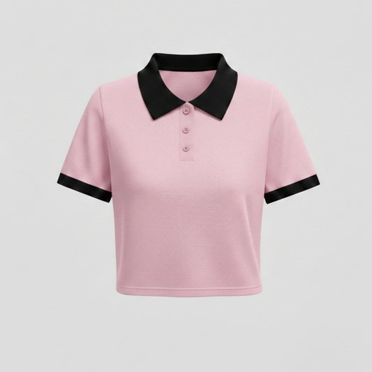 Pink Contrast Ribbed Crop Top Polo (CRC-4)