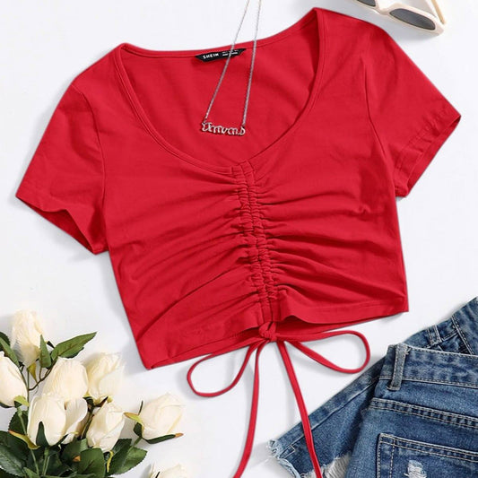 Red Drawstring Short-sleeve Top