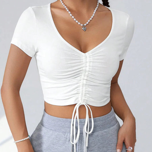 White Drawstring Short-sleeve Top